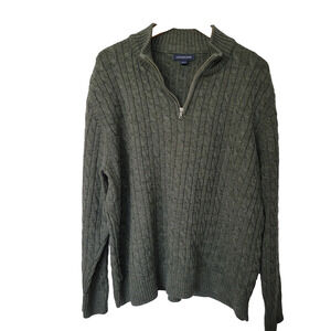 Lands End 100% Wool Cable Knit Sweater Mens XL Green Office Preppy Fisherman Zip
